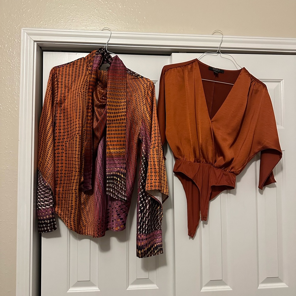 Two blouse bundle. One bodysuit and one blouse with neck tie